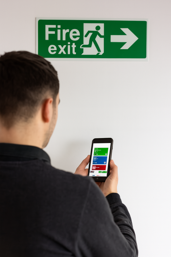 Fire signage compliance in action: a man uses the FireArrest mobile app beneath a clearly marked fire exit sign, showcasing digital fire signage documentation and inspection on-site.