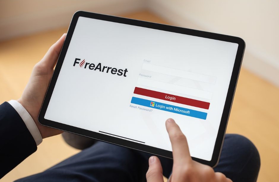 Tablet screen displaying FireArrest login with fire signage compliance and Single Sign-On (SSO) support