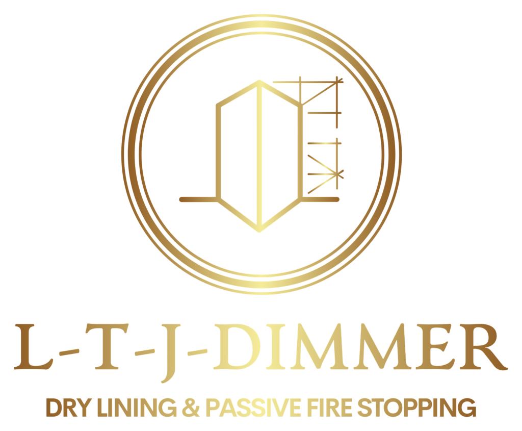 LTJDimmer Dry Lining & Passive Fire Stopping logo in gold on black background, representing a professional UK contractor specialising in passive fire stopper services.