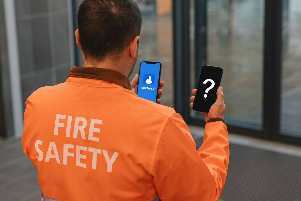 A fire safety professional in a high-visibility jacket holding two smartphones, one displaying the Onetrace app and the other showing a mystery app with a question mark, symbolising a choice in fire protection software.