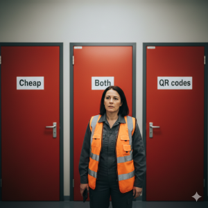 Fire protection expert stands between three fire doors - representing cheap, fire door QR codes, and both.