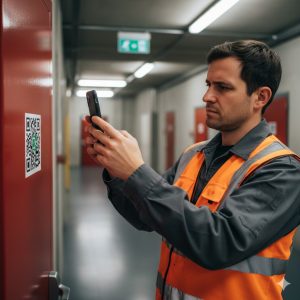 Fire protection operatives takes photograph of Fire Door QR Codes on smartphone.