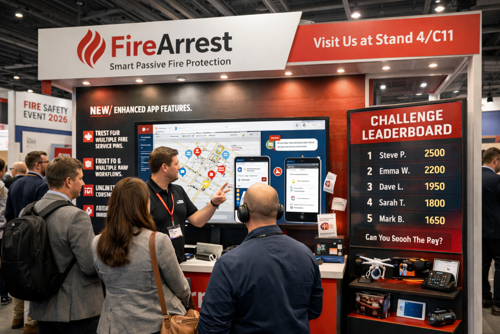 FireArrest exhibition stand at Fire Safety Event Birmingham 2026 showcasing passive fire protection software demonstrations, live leaderboard challenge and new app features.