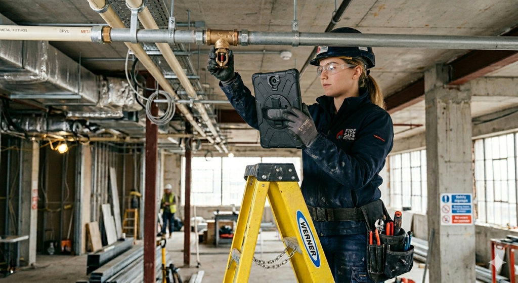 Professional fire protection technician installing a ceiling sprinkler head and taking a verification photo on app she signed up for at Fire Safety Event Birmingham 2026.