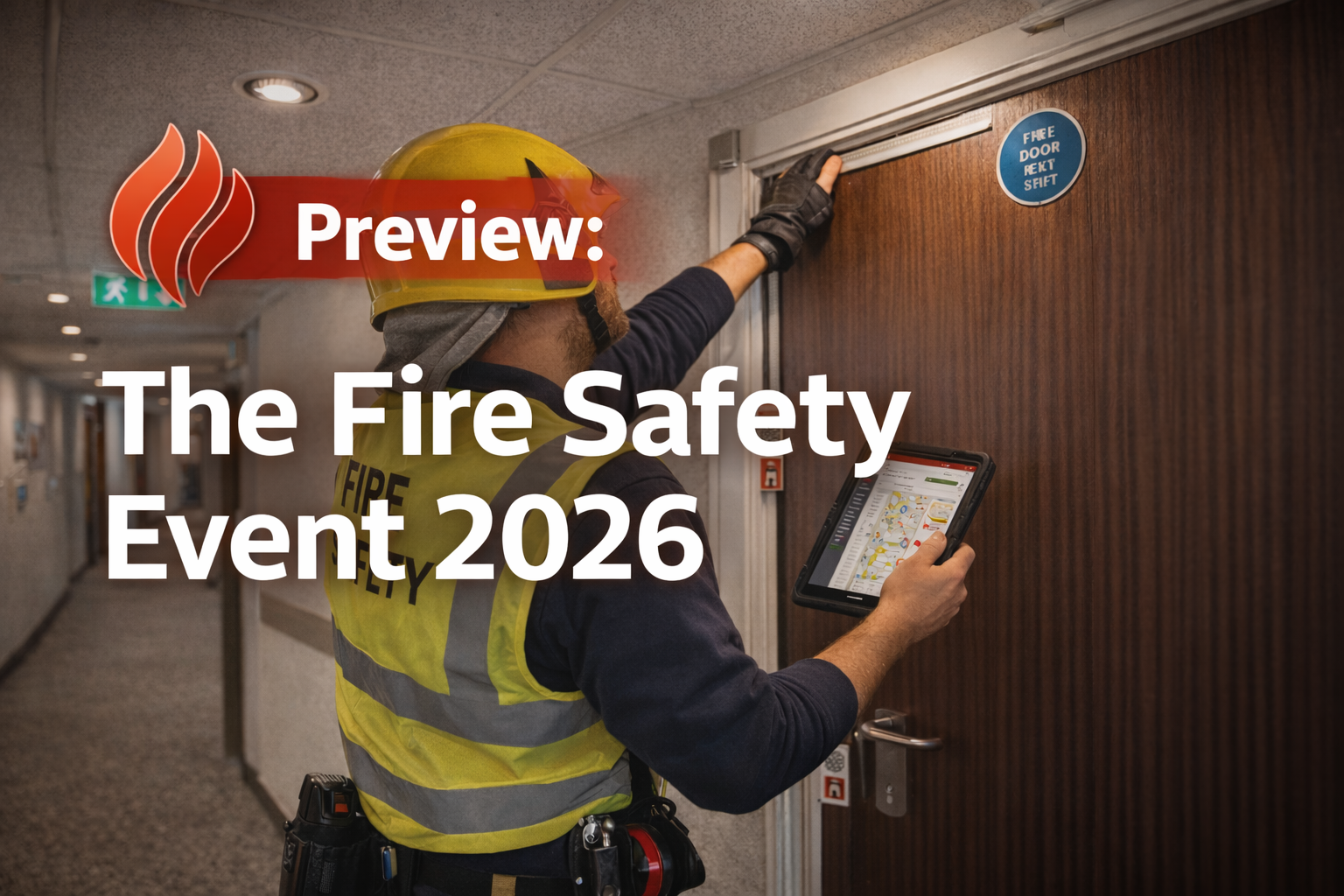 Picture of fire door inspector using tablet to photograph a fire door. Overlaid text is Preview Fire Safety Event Birmingham 2026.